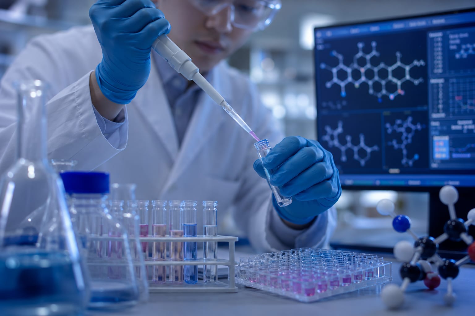 Medicinal chemistry laboratory with organic synthesis glassware